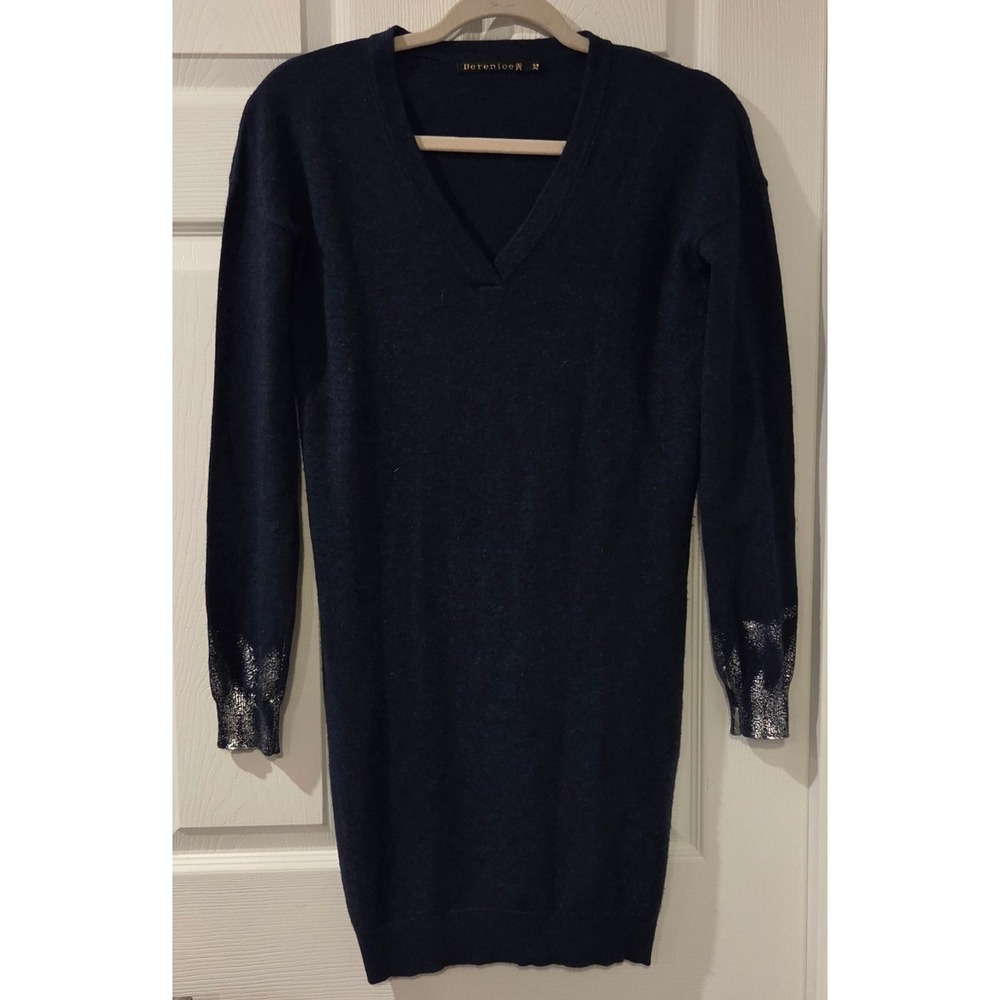 Berenice Arrogante Wool Cashmere Sweater Dress XS Navy Metallic Cuff France